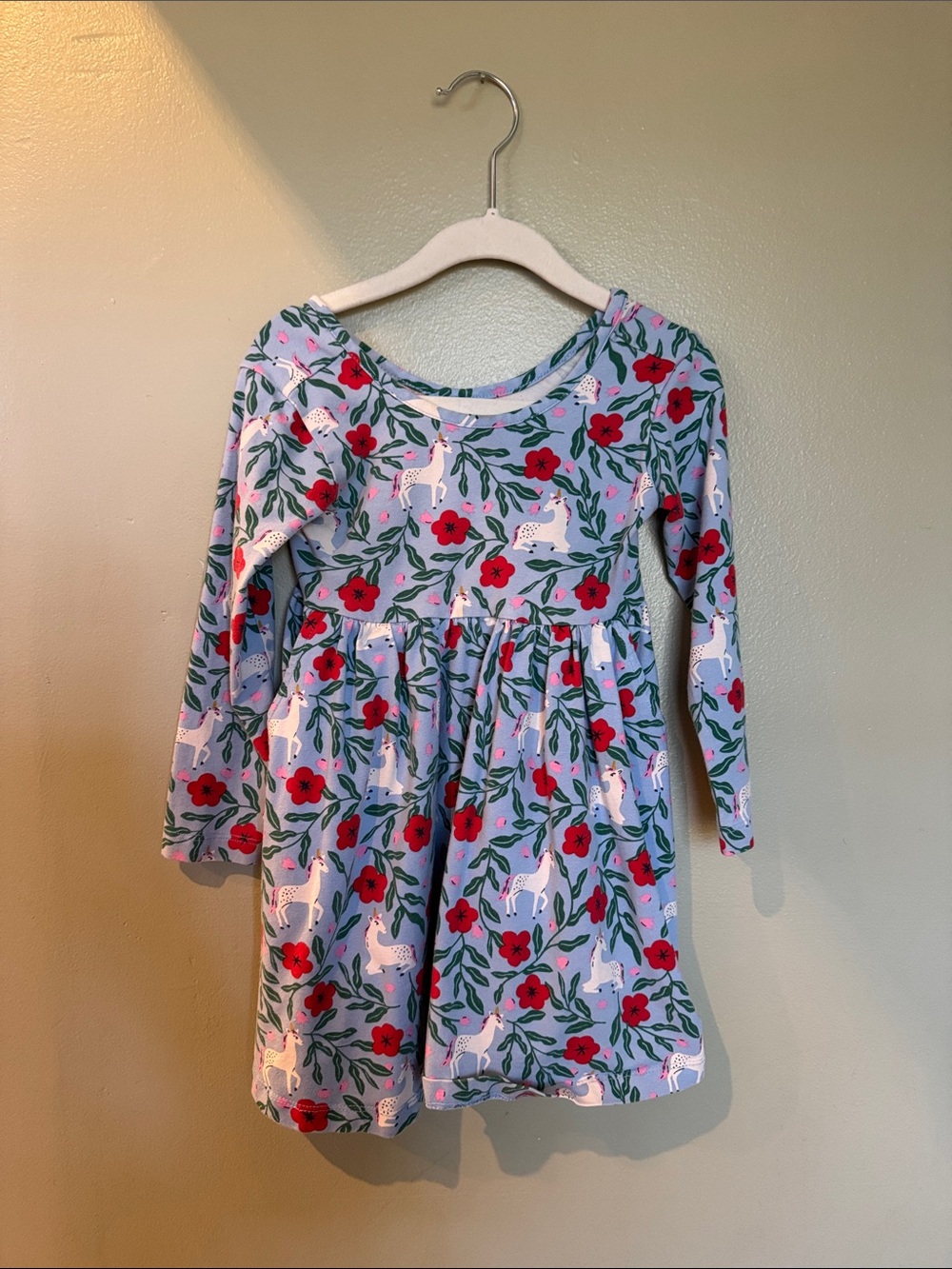 Hanna Andersson Light Blue Dress with Red Floral & White Unicorns